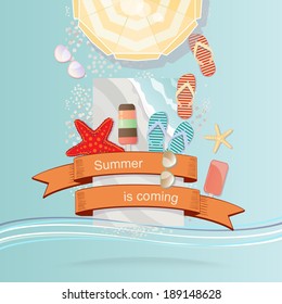 Vintage style Summer illustration on a cool blue background with a wave on a beach with a beach umbrella, lolly, flip flops, starfish, sunglasses and a banner - Summer is Coming