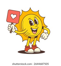 Vintage style sun mascot holding a red heart sign and showing a friendly gesture. Suitable for social media, love themes, summer promotions, and creative projects. Vector illustration