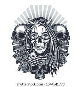 Vintage style tattoo concept with horned girl in scary mask skulls skeleton hand and roses isolated vector illustration