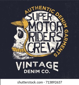 vintage style tee print design as vector with grunge effect and skull drawn