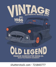 vintage style tee print design as vector with car sketch