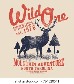 Vintage Style Tee Print Design With Deer Vector Drawn