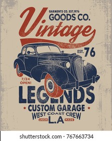 vintage style tee print design as vector with car drawn