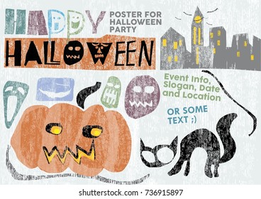 vintage style textured amazing vector poster of Halloween with stylized scary faces, bat, house, pumpkin, cat, text and place for your text. for Halloween event invitation, background and other prints