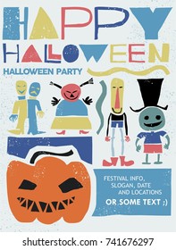 vintage style textured colorful  poster of Halloween with stylized scary children , pumpkin. for Halloween event party poster, invitation card, background, wallpaper and other prints