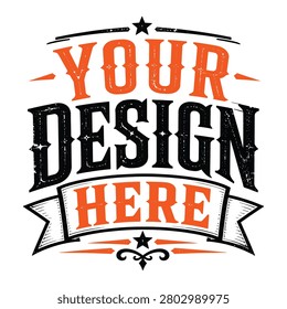 Vintage style textured text logo with banner and stars; your design here text, retro graphic.