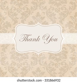 Vintage style thank you card with damask pattern background.