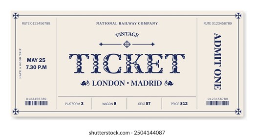 Vintage style ticket template for any event on light background. For excursion routes, retro parties, clubs and other projects. Just add your text. Vector, printable.