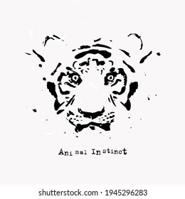 Vintage style tiger's head vector drawing for print design, splashes, drops, brush pen ink art