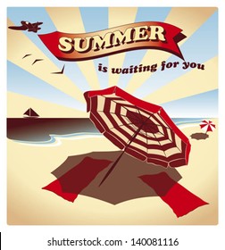 A vintage style tourist poster, with ocean beach and parasols.