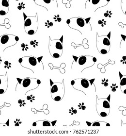 Vintage style traditional tattoo flash Bull terrier dog seamless doodle pattern with roses. Trendy stylish texture. Repeating old school tile artwork for print, textiles. Isolated vector illustration.