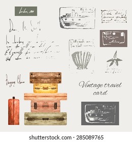 Vintage style travel elements including luggage, shell, sea star, ship, stamps and frames made in doodle and watercolor technique, hand drawn retro card