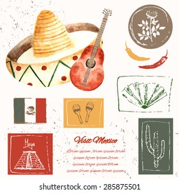 Vintage style travel and mexican elements including sombrero, guitar, flag,cactus, pyramid, maracas, fan and frames made in doodle and watercolor technique, hand drawn card with text space