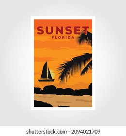 vintage style travel poster or sticker florida United States, key west sunset and palm trees.