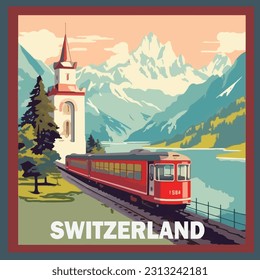 Vintage style travel poster of Switzerland, Alps and railway