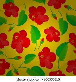 Vintage style trendy print. Beautiful vector pattern for decoration and design. Watercolor seamless pattern with hibiscus flowers on a yellow background. Exquisite pattern of hibiscus flowers.