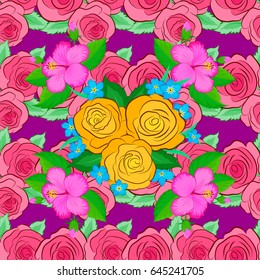Vintage style trendy print. Beautiful vector pattern for decoration and design. Seamless pattern with roses and green leaves on a purple background.
