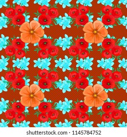 Vintage style trendy print. Exquisite pattern of poppy flowers. Watercolor seamless pattern with poppy flowers in orange, red and blue colors. Beautiful vector pattern for decoration and design.