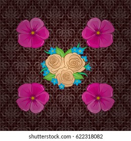 Vintage style trendy print. Exquisite pattern of cosmos flowers. Beautiful vector pattern for decoration and design. Watercolor seamless pattern with cosmos flowers on a brown background.