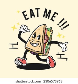 vintage style triangular sandwich cartoon character illustration