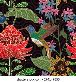 Vintage style tropical bird and flowers background, fashion seamless pattern with floral, exotic plant, creative and beautiful fabric, wrapping, summer and spring theme for design