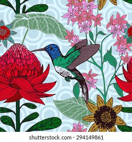 Vintage style tropical bird and flowers background, fashion seamless pattern with floral, exotic plant, creative and beautiful fabric, wrapping, summer and spring theme for design