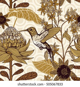 Vintage style tropical bird and flowers background, fashion seamless pattern, wrapping paper, summer and spring theme for design