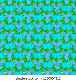 Vintage style. Tropical flowers, hibiscus leaves, hibiscus buds, seamless vector floral pattern in blue, green and yellow colors.