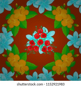 Vintage style. Tropical flowers, hibiscus leaves, hibiscus buds, seamless vector floral pattern in green, orange and blue colors.
