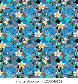Vintage style. Tropical flowers, hibiscus leaves buds, seamless vector floral pattern in blue, brown and gray colors.