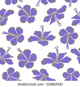 Vintage style. Tropical flowers, hibiscus leaves, hibiscus buds, seamless vector floral pattern on white background in violet and beige colors.