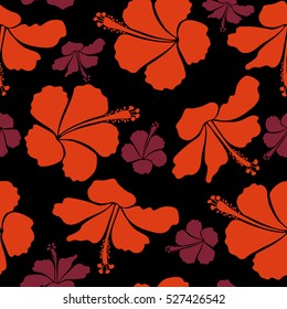 Vintage style. Tropical flowers, hibiscus leaves, hibiscus buds, vector floral pattern on black background in red and orange colors.