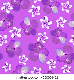 Vintage style. Tropical flowers, hibiscus leaves, hibiscus buds, seamless vector floral pattern in violet, purple and neutral colors.