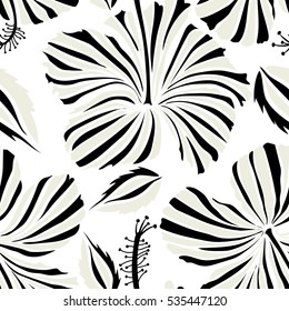 Vintage style. Tropical flowers, hibiscus leaves, hibiscus buds, vector floral pattern on white background in beige and black colors.