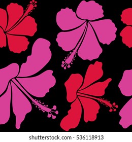 Vintage style. Tropical flowers, hibiscus leaves, hibiscus buds, vector floral pattern on black background in red and pink colors.