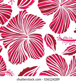 Vintage style. Tropical flowers, hibiscus leaves, hibiscus buds, seamless vector floral pattern on white background in red and white colors.