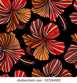 Vintage style. Tropical flowers, hibiscus leaves, hibiscus buds, seamless vector floral pattern on black background in pink, orange and red colors.