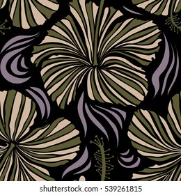 Vintage style. Tropical flowers, hibiscus leaves, hibiscus buds, vector floral pattern on black background in green and beige colors.