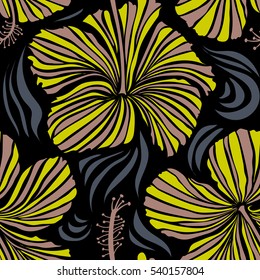 Vintage style. Tropical flowers, hibiscus leaves, hibiscus buds, seamless vector floral pattern on black background in neutral and yellow colors.