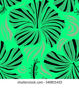 Vintage style. Tropical flowers, hibiscus leaves, hibiscus buds, seamless vector floral pattern in green colors.
