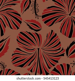 Vintage style. Tropical flowers, hibiscus leaves, hibiscus buds, seamless vector floral pattern in black and red colors.