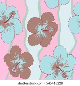 Vintage style. Tropical flowers, hibiscus leaves, hibiscus buds, seamless vector floral pattern in neutral colors.