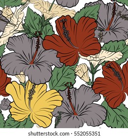 Vintage style. Tropical flowers, hibiscus leaves, hibiscus buds, seamless vector floral pattern on white background in yellow, green and beige colors.