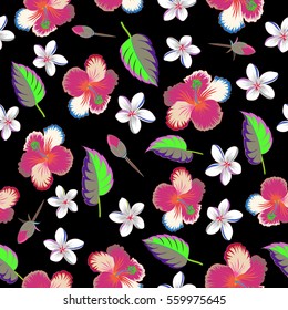 Vintage style. Tropical flowers, hibiscus leaves, hibiscus buds, seamless vector floral pattern on black background in pink, blue and beige colors.