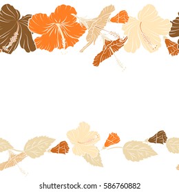 Vintage style. Tropical flowers, hibiscus leaves, hibiscus buds, horizontal seamless vector floral pattern on a white background in orange, beige and brown colors with copy space (place for your text)