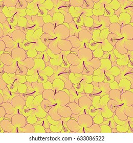 Vintage style. Tropical flowers, hibiscus leaves, hibiscus buds, seamless vector floral pattern in yellow, purple and beige colors.