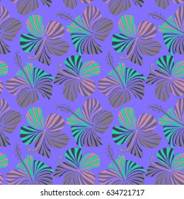 Vintage style. Tropical flowers, hibiscus leaves, hibiscus buds, seamless vector floral pattern on violet background.