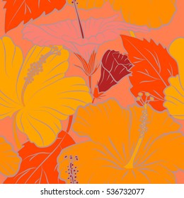 Vintage style. Tropical multicolored flowers, hibiscus leaves, hibiscus buds, seamless vector floral pattern on orange background.