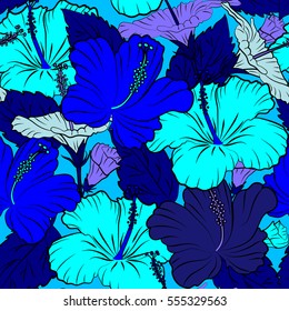 Vintage style. Tropical multicolored flowers, hibiscus leaves, hibiscus buds, seamless vector floral pattern on blue background.