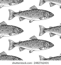 Vintage Style Trout Seamless Pattern. Vector Hand Drawn Fish Background. High Quality Old Fashion Illustration